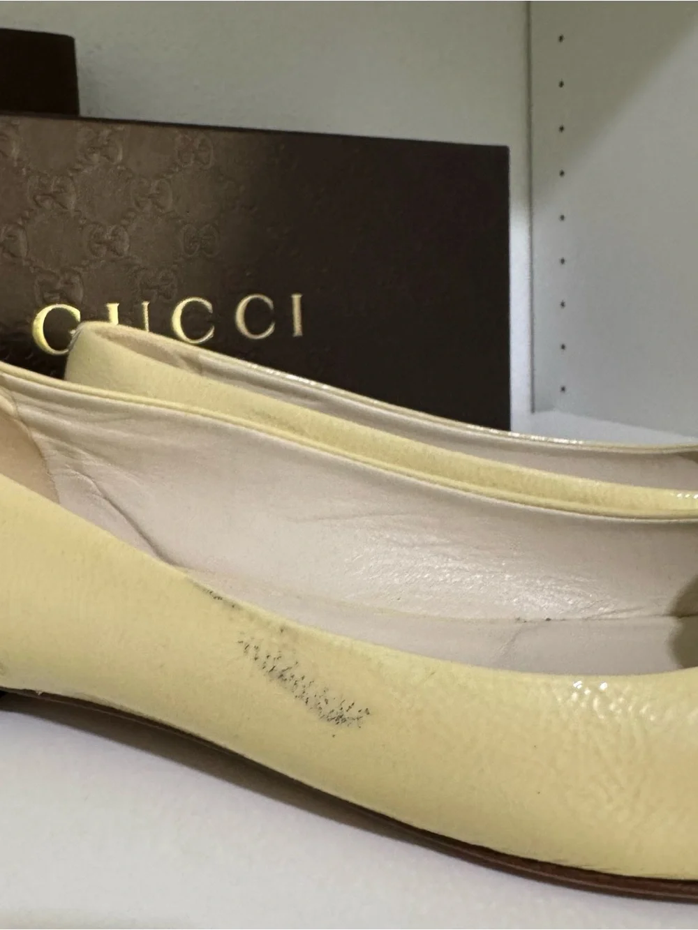 Gucci Pale Yellow Leather Peep-Toe Flats with Silver-Tone Buckle